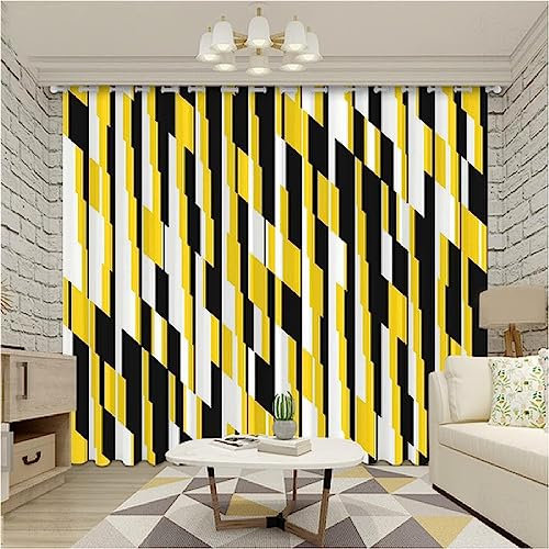 Vorhang Blickdicht 3D Gelb Schwarzes Gitter Ösenschal 2Er Set Fenster Gardinen Mit Ösen Verdunkelungsvorhang Wohnzimmer Kinderzimmer Schlafzimmer Thermovorhang Schalls-5D2P3C9X8N5