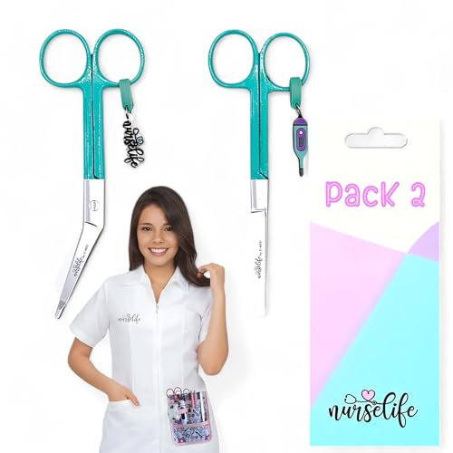 Nurse Life Pack 2 Tijeras Enfermeria Mayo y Pico Pato - Punta Roma | Ideal para Porta tijeras Enfermeras con Apuros, Punta Redonda Profesional, Primeros Auxilios- I love it - Acero pulido. Verde