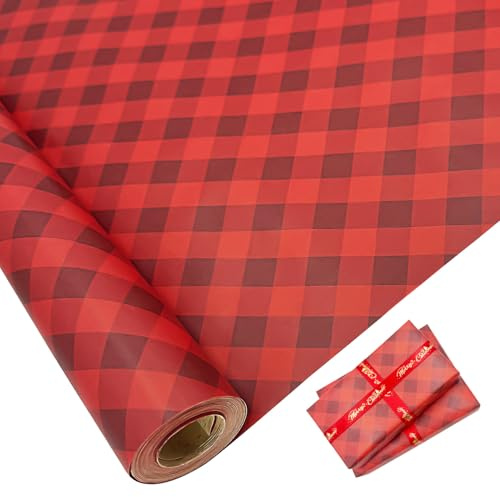 Stor presentinslagningspappersrulle: 76 cm x 15 m återvinningsbart rött julpapper tryck med rutnät för jul, födelsedag, bröllopsfestival present dekorationer