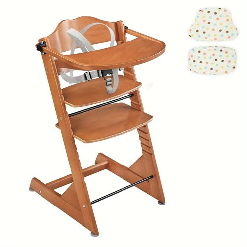Holz-Hochstuhl für Babys und Kleinkinder, 5-Punkt-Gurt, leicht zu reinigen, Baby-Fütterstuhl & Kleinkind-Esszimmerstuhl mit abnehmbarem Tablett, Kissen und Geschirr, Braun