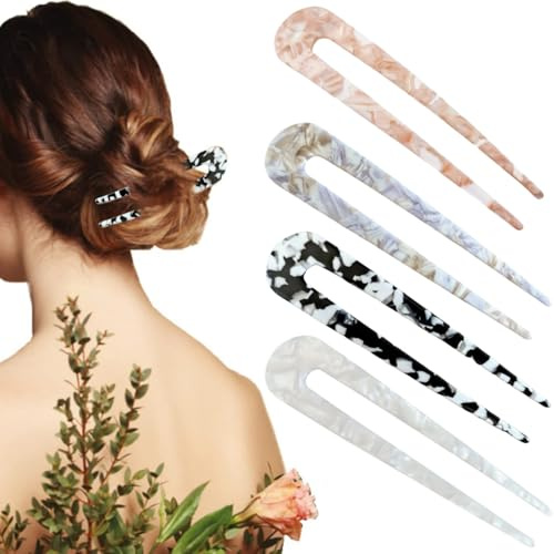 NJCXOLA French hair pin, 4 Stück U-french twist hair pin, Retro Haarstäbchen, Chinese Retro Hair Sticks, Zinken Haarnadel Dutt Haarstäbe, Handmade Hair Clips, für Damen Mädchen (Gerade U-Form)