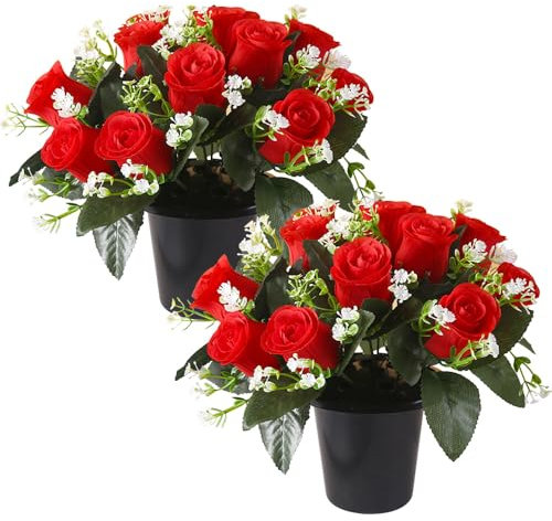 Lotvic Artificial Flowers for Graves, 25cm Grave Flowers, 2 Pcs Grave Pots with Artificial Flower, 12 Head Roses Funeral Flowers, Artificial Flower for Cemetery, Memorial, Christmas (Red)