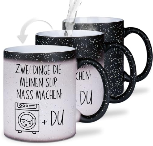 glitzertassen.de® | Zwei Dinge die meinen Slip nass machen | Farbwechseltasse mit Glitzer | lustige Sprüche | Bürotasse | Magic-Tasse | Valentinstag | Liebe | 330 ml | Schwarz
