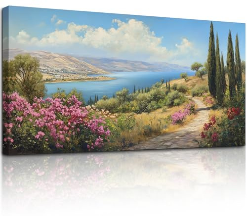 MHARTK66 Bergstraße auf dem See Leinwand Bilder, 50x100 cm Groß Wandbilder Wohnzimmer Landschaft Bild Aesthetic, Modern Wanddeko Kunstdruck Schlafzimmer Esszimmer Flur Büro Küche Badezimmer