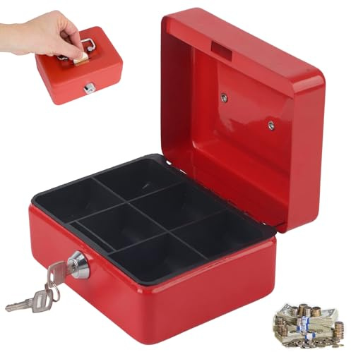Kleine Geldkassette, Rot Kleiner Safe, 12,5 x 9,5 x 6 cm, Elegant geldkassette aus Metall, Geldkassettes abschließbar mit Schlüssel, Geldtasche, Kasse mit 2 Schlüsseln, Für Lagerung, Sammlung