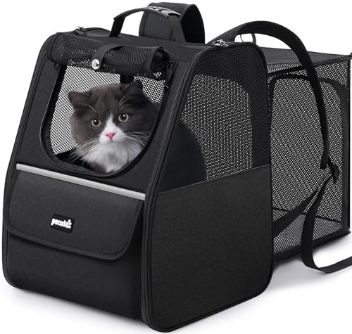 Pecute Cat Backpack Carrier Expandable, Breathable Cat Backpack,Black | Dog Backpack with Safety Rope,Pet Backpack Carrier for Cats, , Cat Carrier Backpack Carrying for Trave,l Hiking, Walking