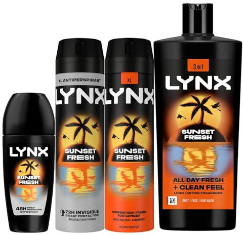 Lynx Sunset Fresh Bundle of Body Spray 200 ml, Antiperspirant Deodorant 200ml and Roll-on 50 with 3in1 Men's Shower Gel for Hair, Face and Body infused with Energising Mango and Mandarin Scent
