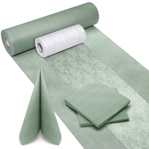 Tischdekoration aus Spitze(15cm(Breite)*12m(Länge)*2Rollen Bedruckte Servietten 3-lagig(40Stück)+Vliesstoff 30 Cm(Breite)*25M(Länge),Hochzeit,Partys,Weihnachten,Tischdeko-Set (Green)