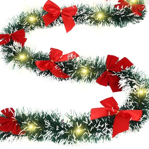Weihnachtsgirlande mit Beleuchtung 2M, Girlande Weihnachten mit Schleifen, Künstlicher Tannengirlande als Weihnachtsdeko Innen und Außen für Treppen, Balkone, Türen