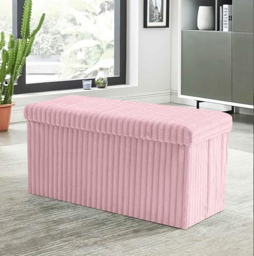 BLOOM BLENDS Ribbed Velvet Storage Ottoman Box – Foldable, Stylish & Multi-Purpose Seat with Lid | Available in 5 Colours | Bedroom, Living Room, Entryway (Pink, Large (76x35x36cm))