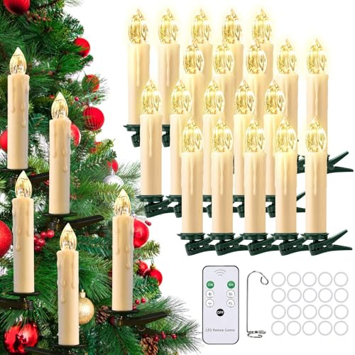 cimetech Lot de 20 bougies LED sans fil flottantes pour sapin de Noël - Blanc chaud - Sans flamme - Avec télécommande - Minuterie - Décoration de sapin de Noël