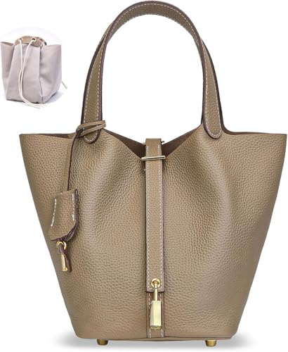 Ladies Handbag - Bucket Bag,Vegetable Basket Shoulder Bag for Travel,Commuter & Student Genuine Leather Design Bucket Bag,Fashionable and Versatile Shoulder Handle Bags Bucket Bags for Women (Grey)