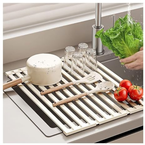 Escurridor de platos extensible de acero inoxidable 304, 32-60 cm, resistente al calor, antideslizante, diseño enrollable que ahorra espacio (largo 55 cm)