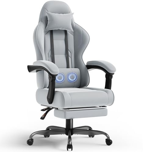 TRIUMPHKEY Fabric Gaming Chair with Footrest, Comfy Gamer Chair for Adults with Massage Lumbar Pillow, Reclining Backrest, Wide Seat, Height Adjustable Computer Chair, Light Grey