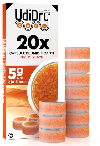 20 Capsule Essiccanti Deumidificanti per Apparecchi Acustici 5g 31mm UdiDry Caps con Indicatore di Colore - Capsule con Gel di Silice di Alta Qualità per Contenitori di Asciugatura