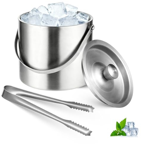 1.6L Stainless Steel Ice Bucket with Lid & Ice Tongs – Double-Walled Insulated Ice Bucket for Parties, Home Bar, BBQ, Cocktails & Wine Chilling