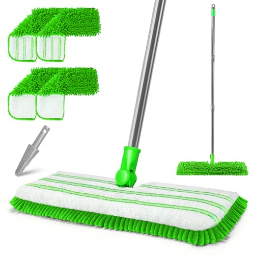 OZD Floor Mop with 4 Reusable Pads, Adjustable Handle Flat Mop, 360° Rotating Microfibre Mop for Hard Floors Laminate Tile, Dry & Wet Mops for Cleaning Floors, Green