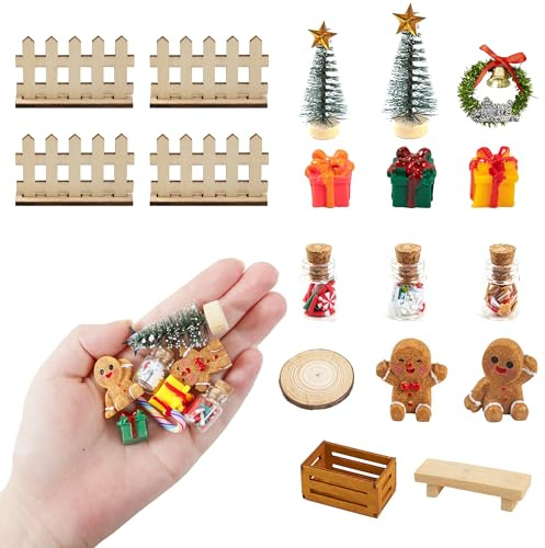 Sugfews Set di mini ornamenti natalizi per uomo di pan di zenzero, decorazione natalizia, regalo fai da te per avvento e Natale, con mini albero di Natale, scatola regalo, recinzione, ghirlanda