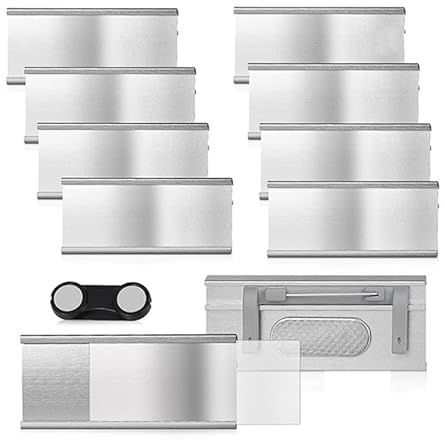 10 Stück Namensschilder Magnet 72×31 mm – Aluminium Namensschilder für Kleidung, Starke Doppelmagnete, Wiederverwendbare Namensetiketten mit Papierschlitz