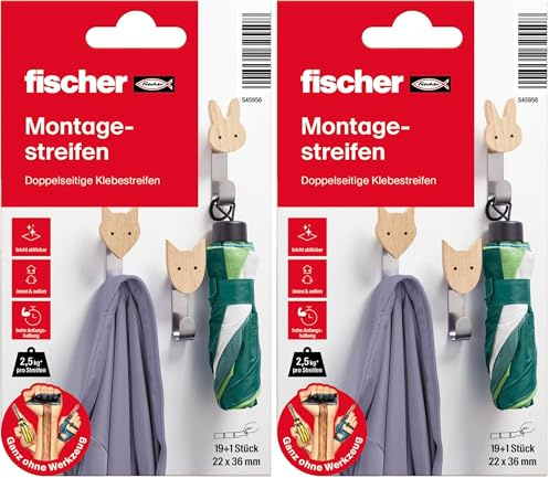 fischer Montagestreifen, dopelseitige Klebestrips, starkes Klebeband, einfach wieder ablösbar, Aufhängung ohne Bohren/Schrauben, für Bilder, Deko, Haken, uvm., 20 Strips (Packung mit 2)
