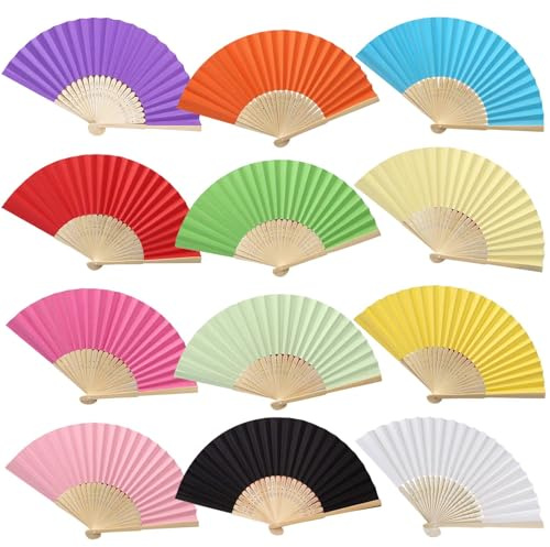 12 Stück Handfächer Farbe, Faltbare Papierfächer, Handheld Bambus Fächer Chinesische Handfächer, Hochzeitsfächer für Hochzeiten Leistung Dekorationen Haus Party Sommer Geschenk