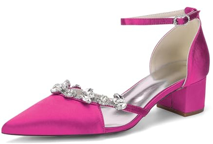 GHSIRUEU Femme Blanche Chaussures De Mariée De Mariage en Satin Bout Pointu Bloc Talons Escarpins,Fuchsia,43 EU