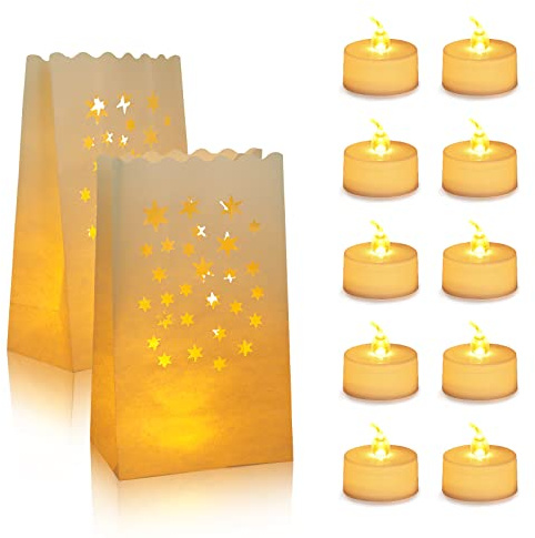 AceList 50 Set Luminary Bags with Flameless Candles, White Luminary Bags, 50 LED Tea Light with Christmas Luminaries for Outdoors, Halloween, Thanksgiving, Wedding, Holiday, Party Decor