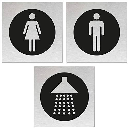 Schilderset WC Damen WC Herren Dusche 80x80 mm 3er-Set Aluminiumschilder Edelstahloptik selbstklebend 13206