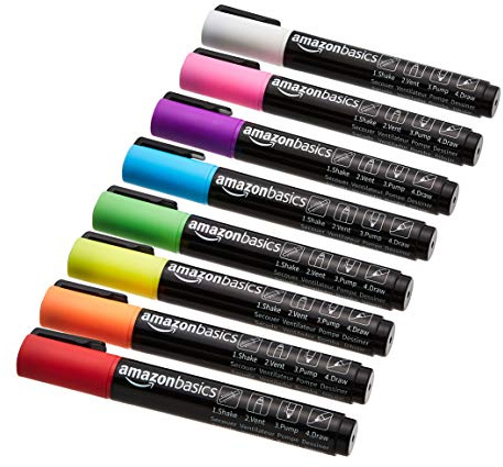Amazon Basics Bullet/Chisel Reversible Tip Liquid Chalk Markers, Erasable, Washable, Water-Based, Bold Point, 8-Pack, Bright Colors