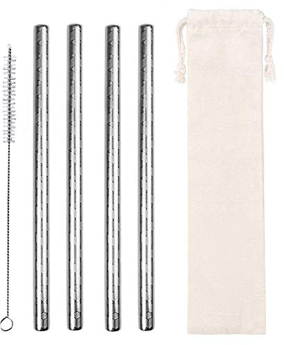 AF-WAN Lot de 4 Pailles en Métal Réutilisables - Métal Acier Inox Pailles Larges - Grande Paille de Smoothies de Boba des Brosses - pour les Milks-Shakes Bubble Tea -12 mm x 215 mm