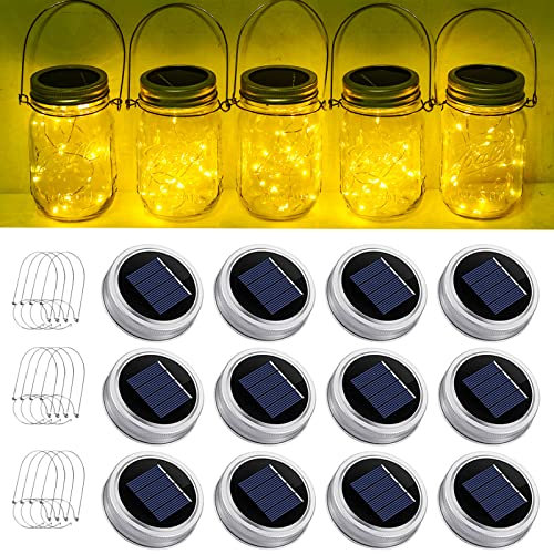 SmilingTown Solar Mason Jar String Light Lids 12 Pack 30 LED Fairy Firefly Inserts Lighting with 12 Hangers Waterproof for Outdoor Tree Patio Lawn Garden Decor, No Jars