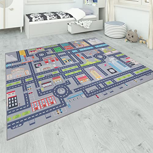 Paco Home Teppich Kinderzimmer Kinderteppich Spielteppich Straßenteppich rutschfest Mädchen Jungs, Grösse:200x290 cm, Farbe:Grau