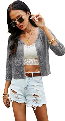 Ietaoo Bolero de encaje para mujer, chaqueta bolero, chal de verano, manga 3/4, chaqueta de hombros, chaqueta de punto, cárdigan corto, gris, L