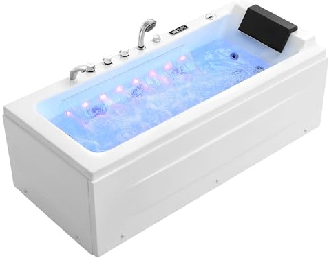 Empava Acrylic Whirlpool Bathtub, 67' Jetted Tub with Heater, Hydro Massage & Chromatherapy, White Modern Freestanding Jetted Air Bathtub