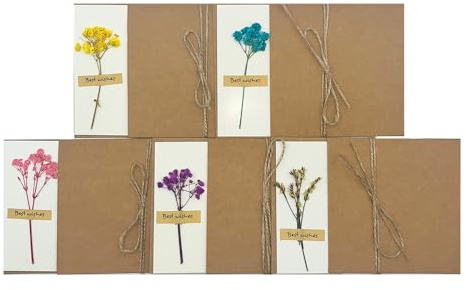 CZAKOMIX 10 PCS fiori secchi biglietti d'auguri con busta kraft, Fiori Secchi Biglietti Auguri, 5 Tipi Fioris Secchi, Spago,Adatto per Auguri Di Compleanno, Festa Della Mamma, Natale, San Valentino