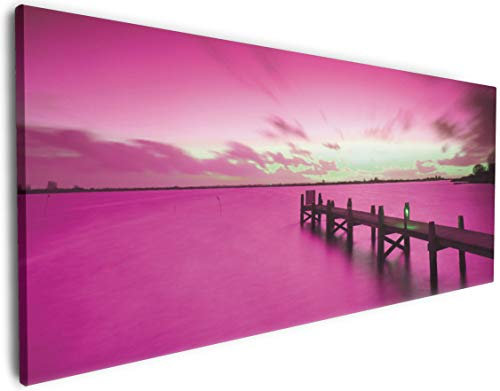 Wallario Leinwandbild Steg bei Abenddämmerung -Himmel bei Nacht Lila gefärbt - Wandbild 50 x 125 cm: Kunstdruck | Brillante lichtechte Farben | hochauflösend | verzugsfrei