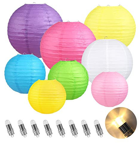 Encham 8X Papierlaterne Bunte Papier Lampions Bunte mit 8 Stück warmweiß LED-Ballons Lichter Laterne Papier Lampenschirm für Hochzeit Party Geburtstage Dekoration