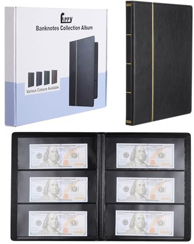 Fippy 60 Tasche Album Porta Banconote da Collezione, Raccoglitore per Banconote, Libro per Raccoglitore Banconote per Banconote, Francobolli (Nero)