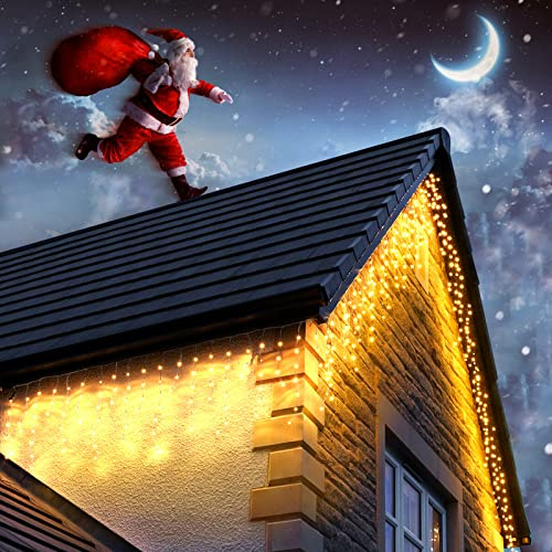 Dalugo Eisregen Lichterkette Außen, 7.5m 240 LED Warmweiß Weihnachtsbeleuchtung mit 6h Timer, Eisregen Lichterkette Außen IP44 Wasserdicht 8 Modi für Dach, Wand, Fenster, Zaun, Balkon, klares Kabel