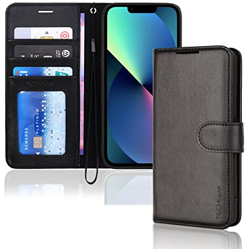 TECHGEAR iPhone 14 Plus plånboksfodral i läder, flip skyddsfodral med plånbokshållare, stativ och handledsrem – svart PU-läder med magnetisk stängning designad för iPhone 14 Plus 6,7 tum