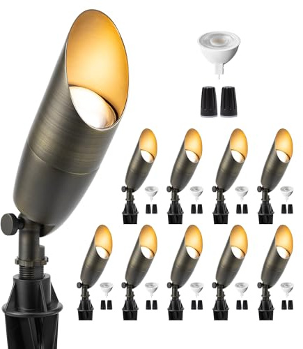 Gardenreet Spotlight Low Voltage LED - 12V Outdoor Ground Spot Light Fixture, Weather Proof Brass Landscape Lights, Hardwired Bronze for Flag Sign with Warm White MR16 Removable Bulbs (10 Pack)