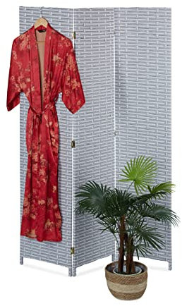 Relaxdays Paravent, 3-teilig, faltbarer Raumtrenner, HxB: 170x120 cm, Kunststoff & Holz, Trennwand für innen, grau/weiß