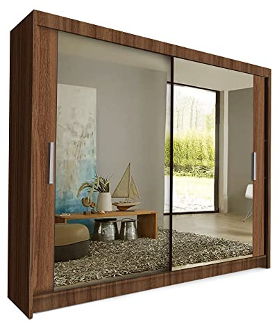 COMFATRA Toronto Double Wardrobe for Bedroom with Sliding Doors Mirror Wardrobe, 2 Door Large Capacity and Easy Assembly, Space Saving Furniture (Walnut, 203 cm) (120TRNTO)