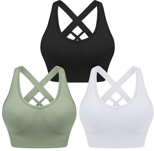 Leversic Brassiere Sport Femme Soutien-Gorge de Sport Femme Brassiere Femme Sport sans Armature Elastique Amovibles Coussinets Fitness Yoga Soutien Gorge Sport Noir+Blanc+Vert M