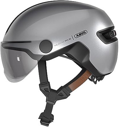 ABUS Stadthelm HUD-Y ACE - stylischer Fahrradhelm mit Visier und magnetischem, aufladbarem LED-Rücklicht - für Damen und Herren - Silber, Größe M