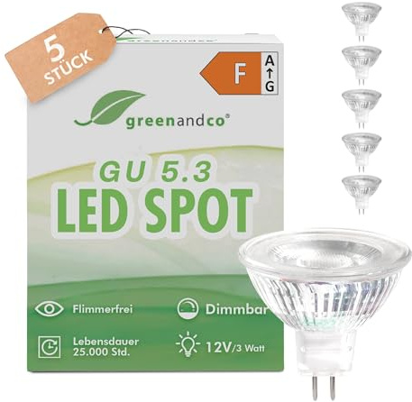 greenandco 5x MR16 GU5.3 | dimmerabile | sostituisce 28W | bianco caldo 2700K | IRC 90+ | 3W 250 lm | 38° | senza sfarfallio | COB LED spot | 12V AC/DC