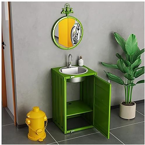 ZTGL Lavandino a Colonna in Ferro Battuto Stile Industriale Mobile da Bagno con Lavabo in Acciaio Inox, Contenitore Lavandino su Piedistallo con Rubinetto e Scarico,Verde,with Mirror