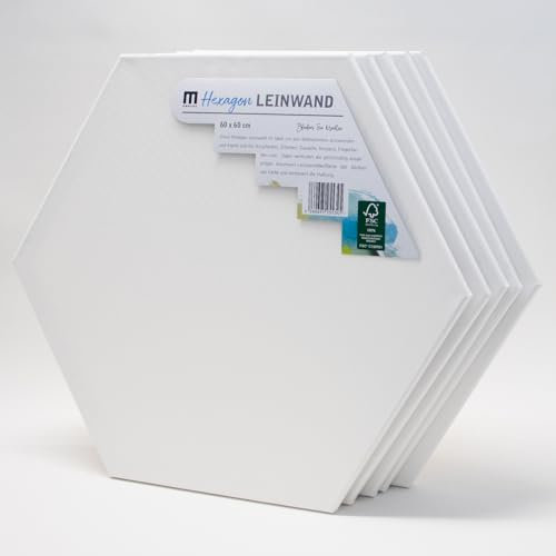 5er-Set Leinwand Canvas zum Bemalen in Hexagon-Form, 60x60cm. Leere, weiße Leinwand aus 100% Baumwolle ist umlaufend aufgespannt auf 17mm FSC® Holz-Keilrahmen, 280g/m², 2-fach weiß grundiert