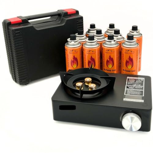 SMH LINE® Juego de hornillos de gas de lujo para camping, 3,5 kW, incluye 8 cartuchos de gas de 227 g, de gas butano, robusto, maletín, estufa, barbacoa de mesa al aire libre, 3 fuegos