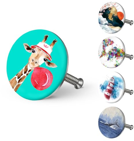 arteneur Badewannenstöpsel Universal mit Motiv Giraffe | Dreifach-Dichtung, rostfreier Edelstahl, höhenverstellbar 45-78 mm, für Siphons 40-50 mm, extra schwer für stabilen Halt